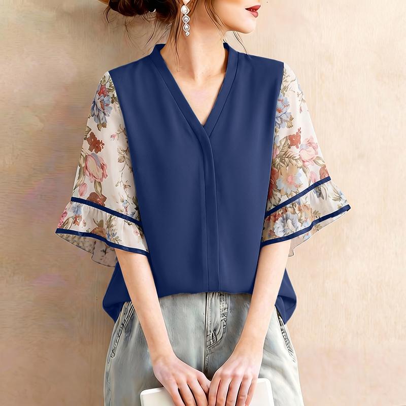 

ZANZEA Women Casual V-Neck Splice Half Sleeve Loose Blouse 4XL темно-синього кольору