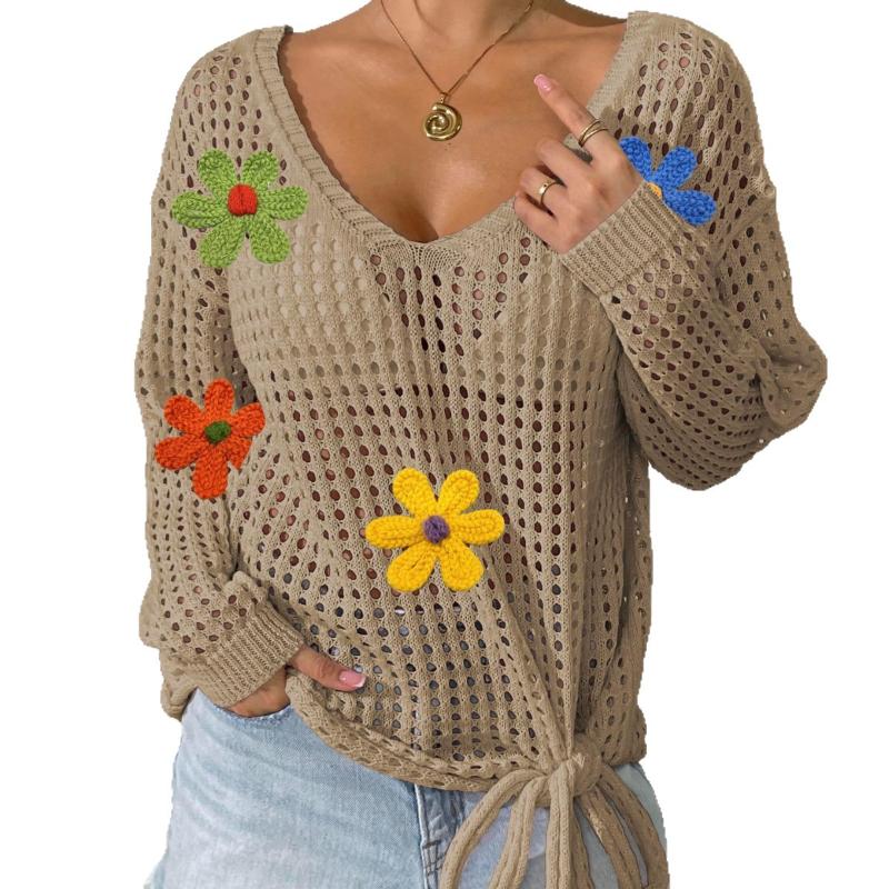 Women's V-neck Pullover Top Hollow Blouse with Bow Tie Woolen Outer Layer Knitted Sweater Spliced Loose