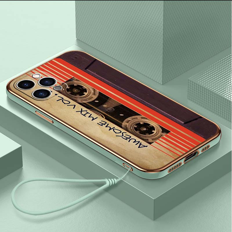 Luxury Plated TPU Phone Case With Lanyard for iPhone 6 6s 7 8 Plus XR XS 11 12 13 14 15 Pro Max Soft Cases A19 Original Retro Cassette Tape Art Cover
