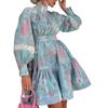 Sommerkleid Damen Lässig Elegant Temperament Hoher Hals Langarm Hohe Taille Mit Gürtel Großer Schwingender Bedrucktes Kleid