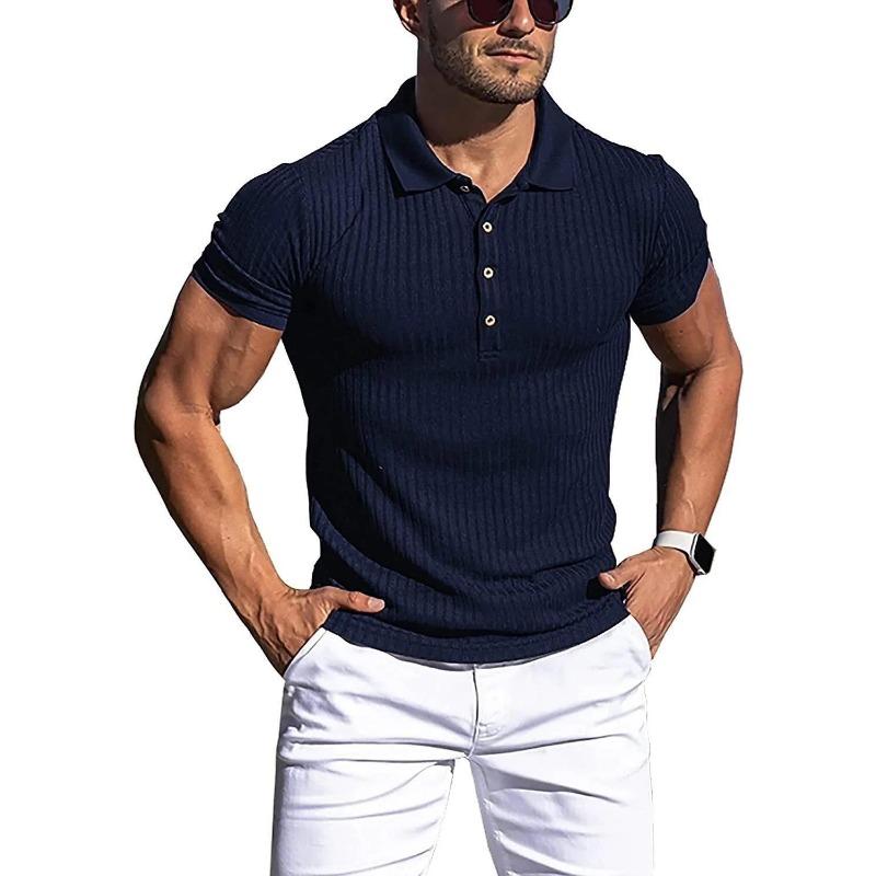 Mens Solid Color Ribbed Short Sleeve Slim Fit Polo Shirt