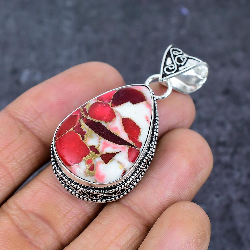 Natural Red Dahlia Turquoise 925 Sterling Silver Jewelry Pendant 2.05" ET-4782