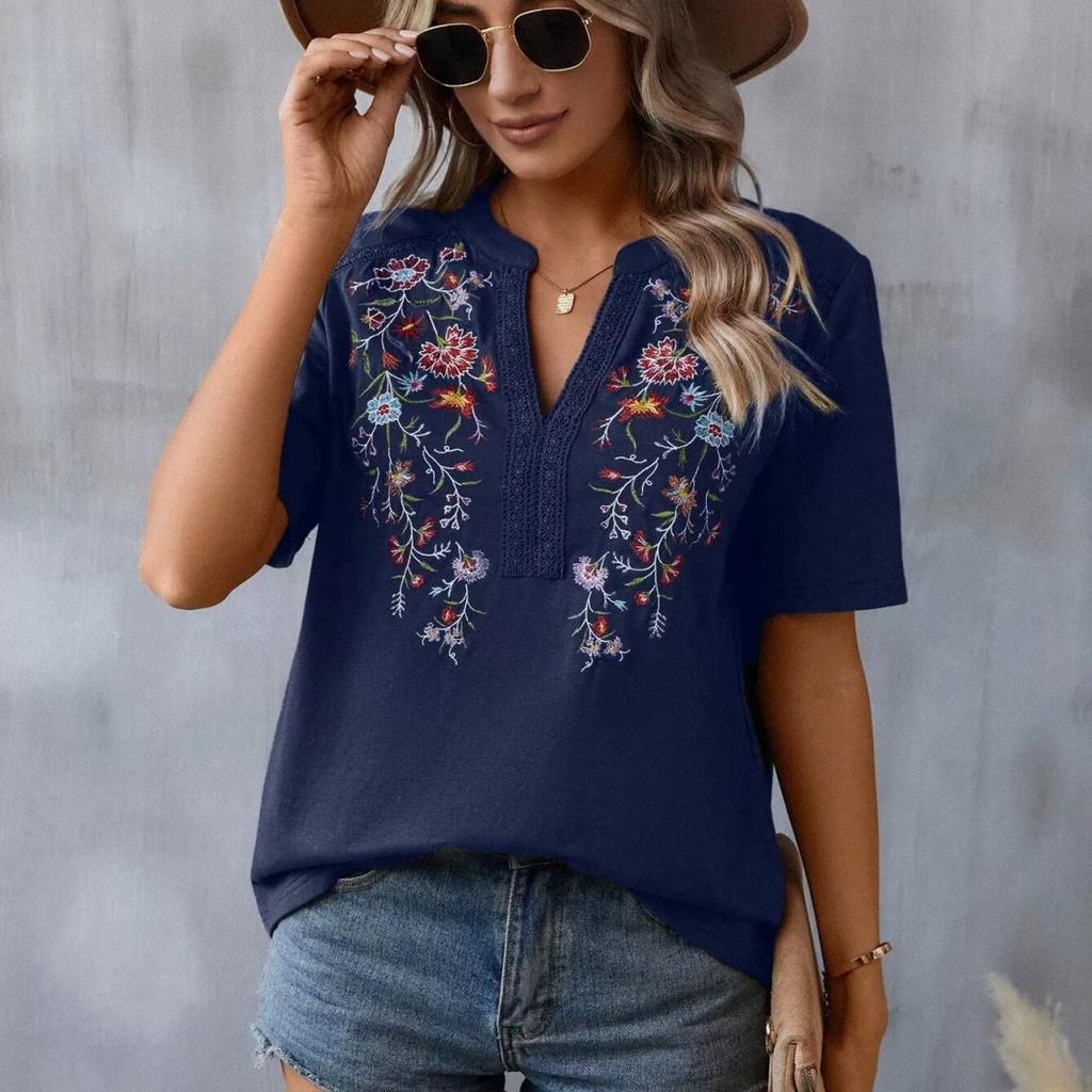 Summer V-neck T-shirt Fashion Embroidery Stitching Lace Blouse Women