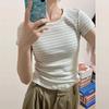 American bm sweet and spicy wind straight shoulder short-sleeved t-shirt women's design sense contrasting color striped slim bottom summer versatile