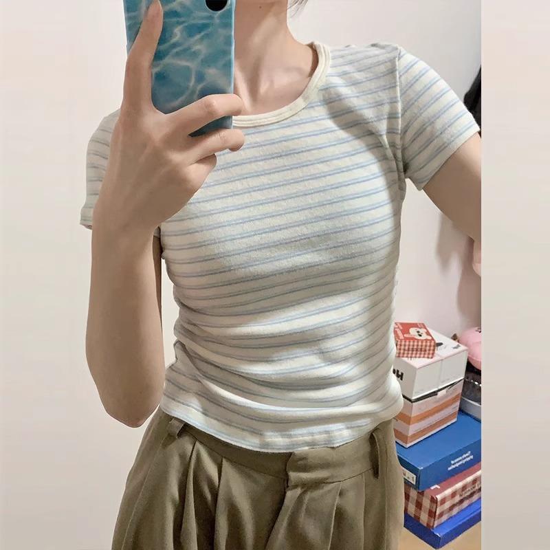 American bm sweet and spicy wind straight shoulder short-sleeved t-shirt women's design sense contrasting color striped slim bottom summer versatile