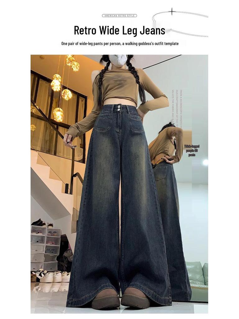 Women's High-Waisted Wide-Leg Jeans: Plus Velvet, Loose Fit, Plus Size, Perfect for Spring, Autumn, and Winter.