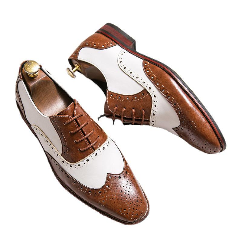 Men's Black & White Retro Brogue Leather Dress Shoes, British Style Carved Design, Casual or Wedding Photoshoot Plus Size 47