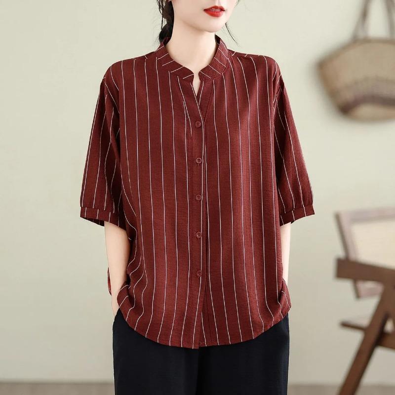 Women Striped Stand Collar V Neck Half Sleeve Button Up Loose Blouse L