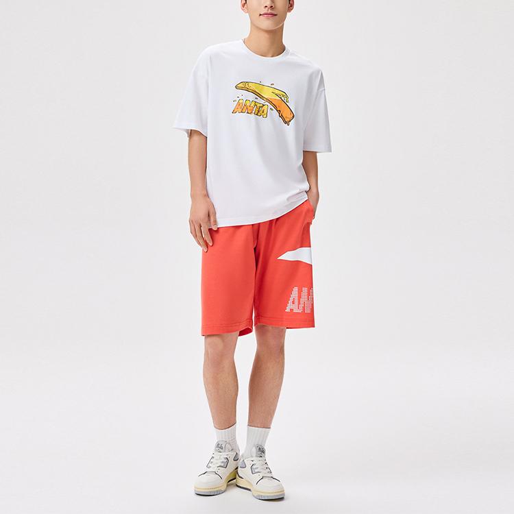 Anta Cartoon Letter Logo Print Round Neck Short Sleeve T-Shirt Unisex Tops Snow-White 972328114-1