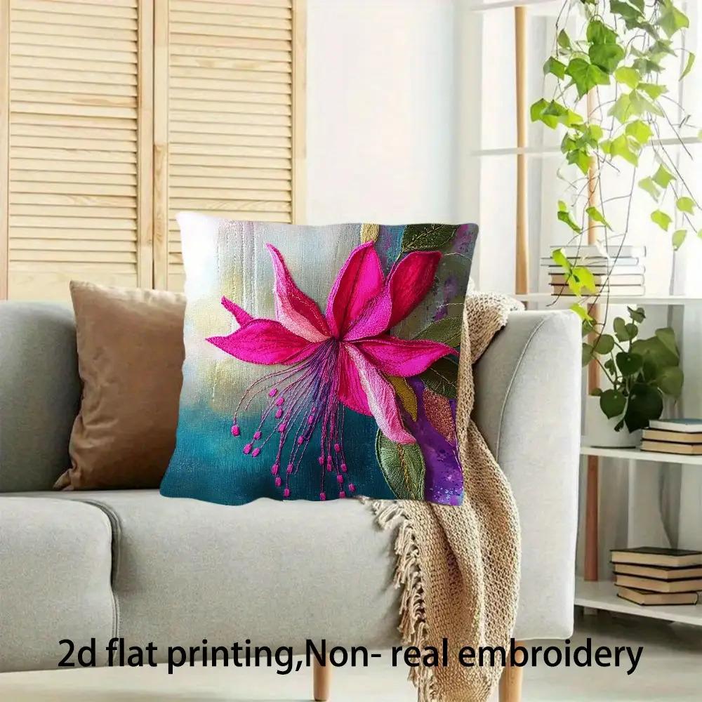 Fuchsia Flower Watercolor Print Throw Pillow Cover, Faux Embroidery Style Decorative Cushion For Living Room Bedroom Sofa Couch