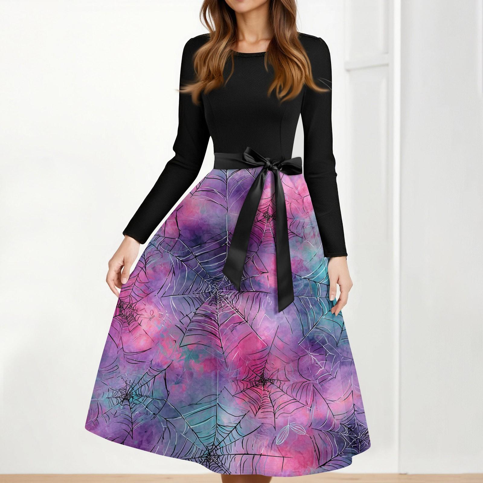 

Женское повседневное модное платье винтажного стиля с принтом на Хэллоуин и круглым вырезом L фиолетовый