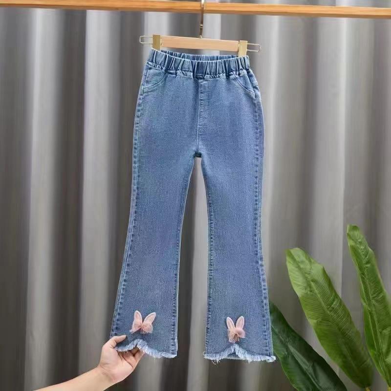 

Осенние эластичные детские джинсы для девочек, милые джинсы для отдыха с бантом, синие детские расклешенные брюки для девочек-подростков, одежда для девочек, брюки 3-12 лет 140cm