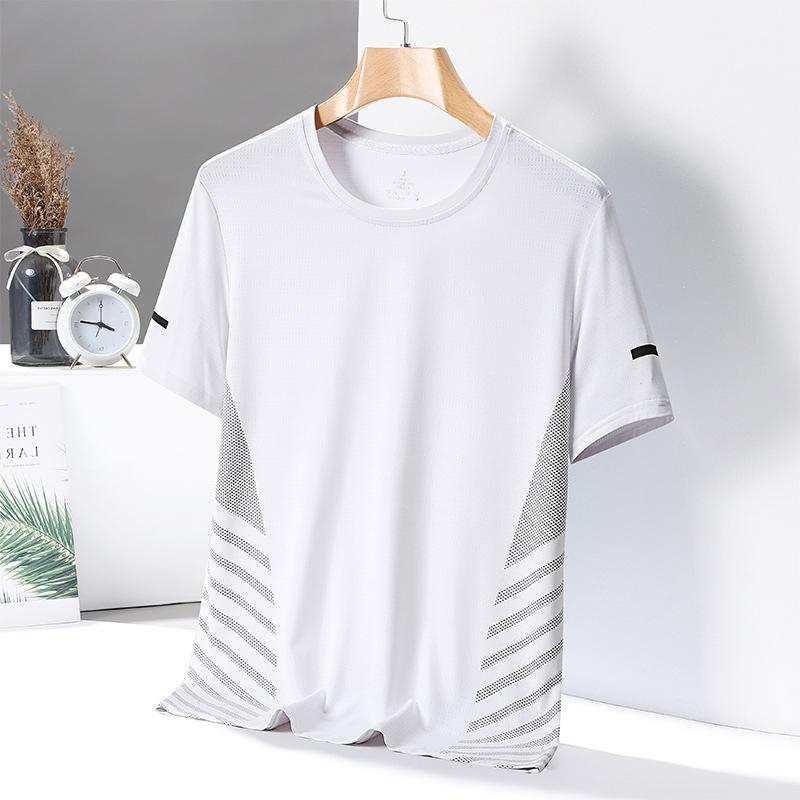 Tricou cu mânecă scurtă, rece și respirabil, pentru bărbați, de vară, din mătase de gheață, cu gât rotund, tricou casual