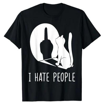 Cat Shadow I Hate People Middle Finger TShirt Humor Funny Kitty Graphic Outfit Short Sleeve Blouses Gifts Sarcastic