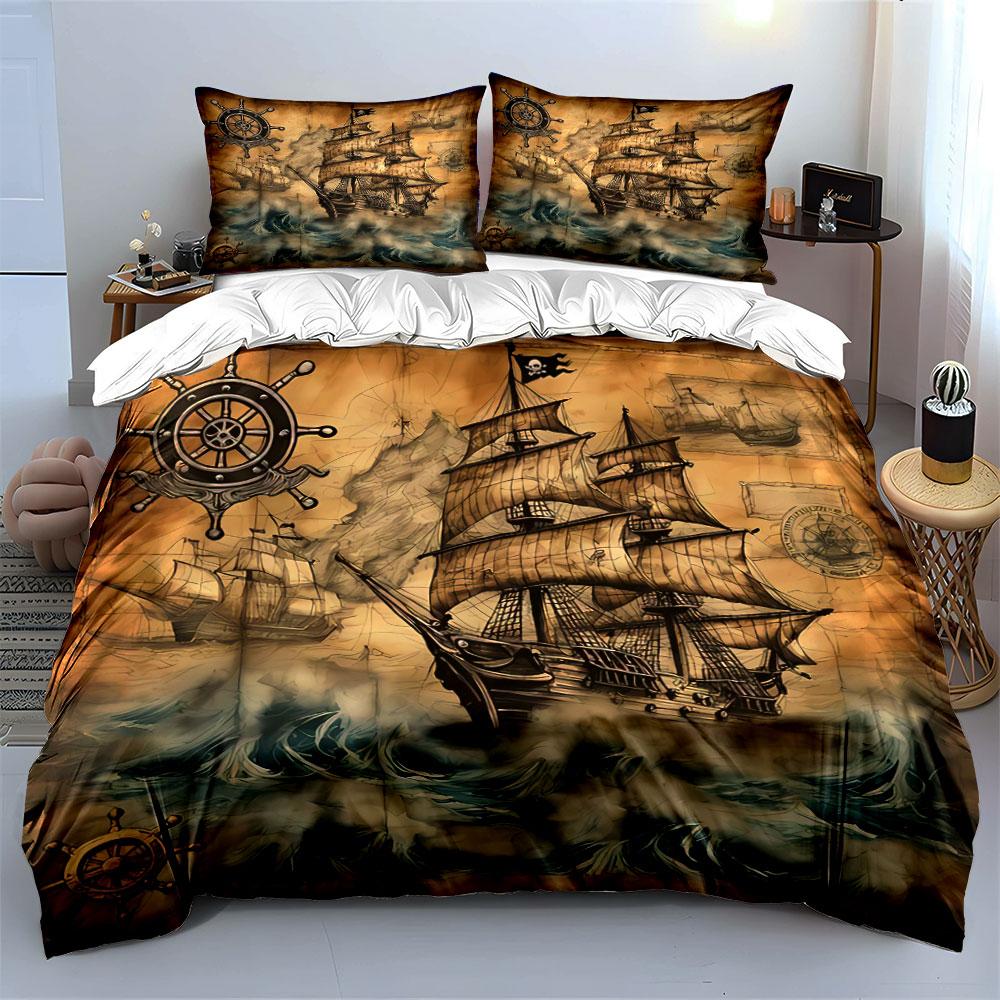 Vintage Pirate Ship Design Bedding Duvet Cover Set Duvet Cover Pillowcases (1*Duvet Cover 2*Pillowcases, without duvet insert)