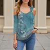 Women's Casual Shirt Blouse Print V-neck Sexy Cold Shoulder 3/4 Sleeve Top