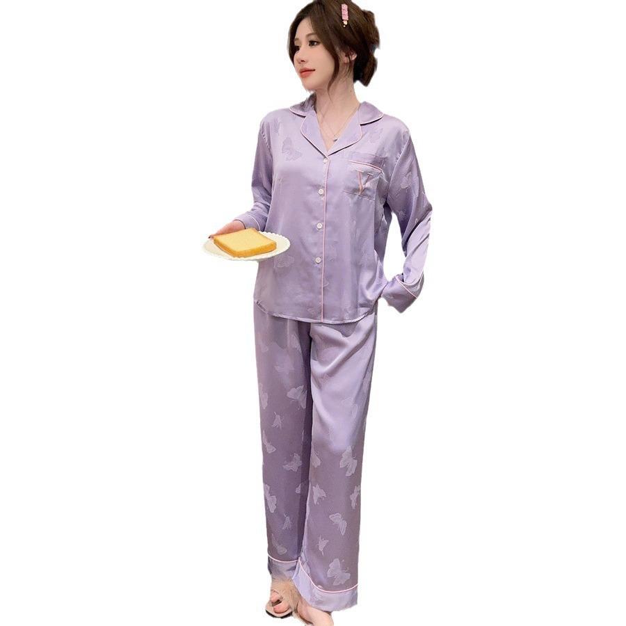 Butterfly jacquard big V embroidered pajamas women's spring summer ice and snow silk high-end long-sleeved trousers loungewear set