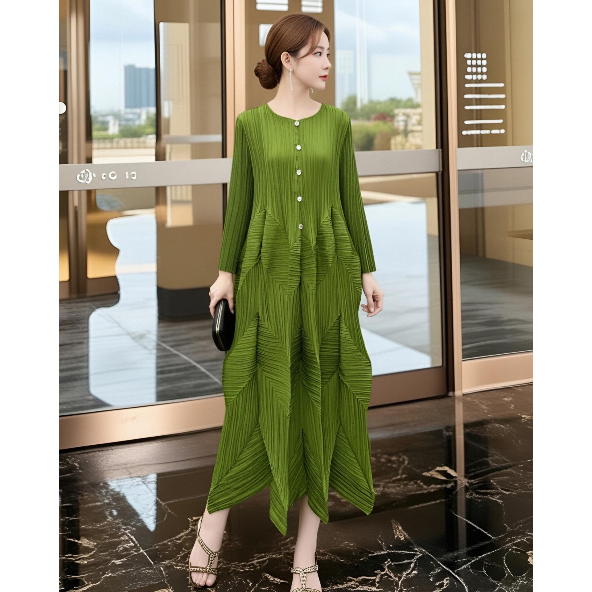 Miyake Spring Women s Plus Size Loose Green Pleated Mid-Length Dress One Size зелёный