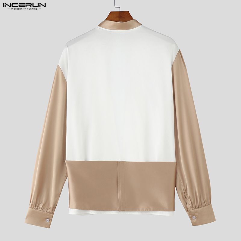 INCERUN Men Long Sleeve Patchwork Open Front Casual Party Shirts Tops