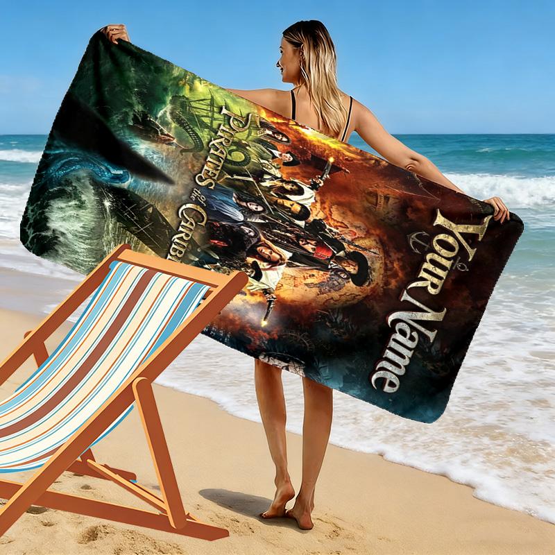 Name Custom Caribean Pirates Print Beach Towel, Large Soft Quick Dry Towel for Beach Camping Swimming