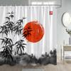 Asian Shower Curtain Traditional Chinese Pine Trees and Crane Flying Landscape Art Fabric Bathroom Decor Bath Curtains Set Hooks