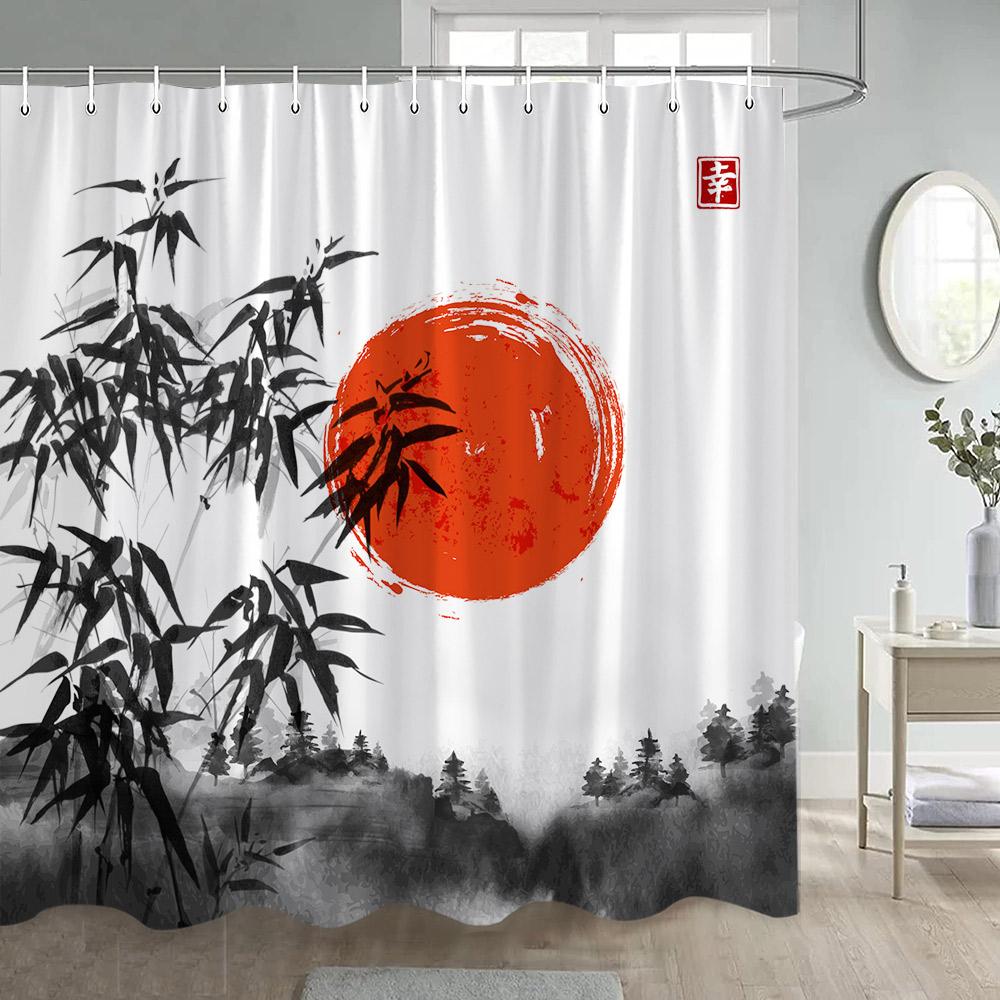 Asian Shower Curtain Traditional Chinese Pine Trees and Crane Flying Landscape Art Fabric Bathroom Decor Bath Curtains Set Hooks