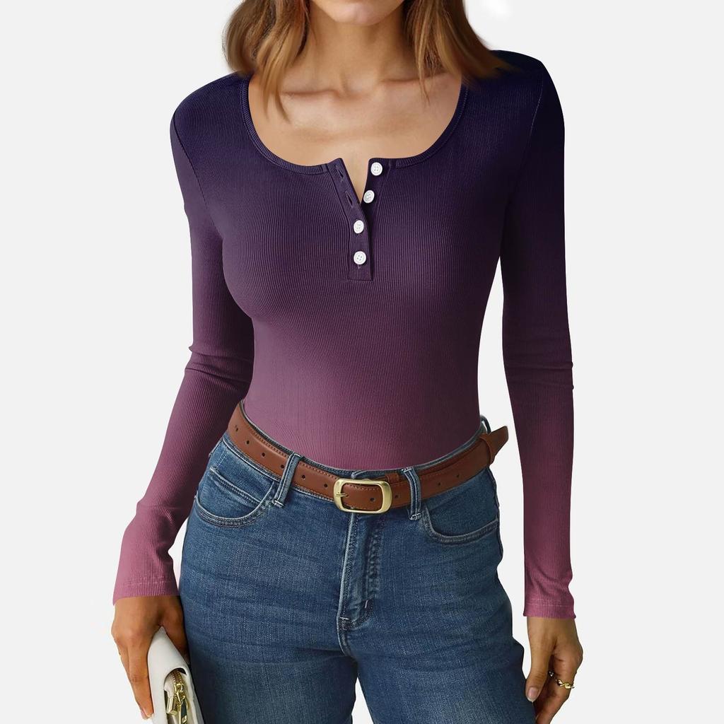 Dámské tričko s úzkým spodním lemem Módní ležérní s gradientním potiskem Kulatý výstřih Pulovr Dlouhý rukáv Top