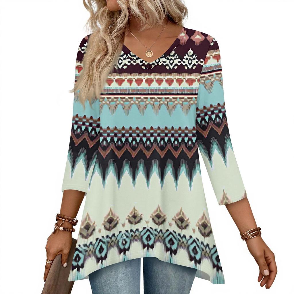 Dámské topy s výstřihem do V a 3/4 rukávem, ležérní košile střední délky, módní tuniky s potiskem