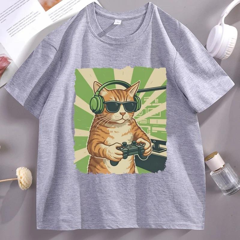 Gamer Cat TShirt Video Game Cat TShirt Funny Graphic Tee Cat Dad Short Sleeve TShirt Casual Short Sleeve Crew Neck Top