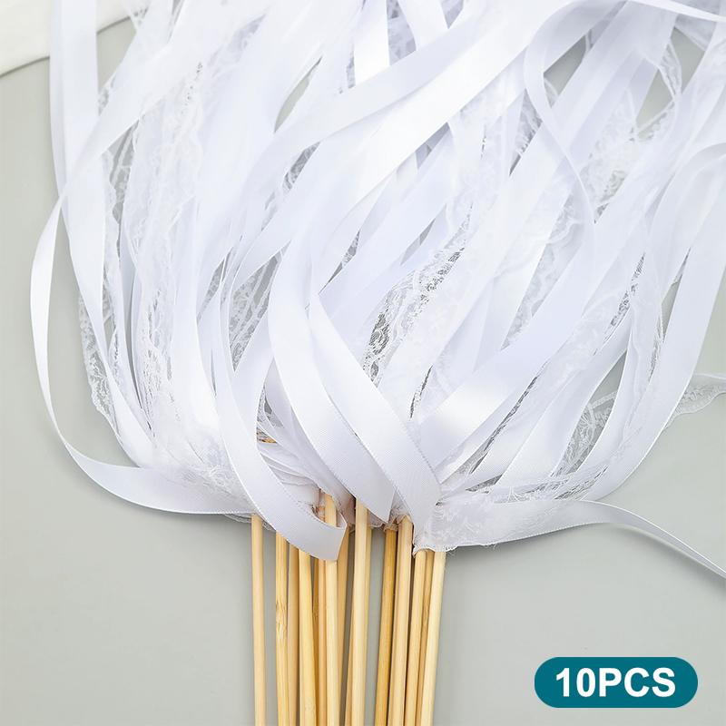 

10Pcs Multiple Colors Ribbon Wands Fairy Sticks Wedding Lace Streamers Stick With Bell Wedding Decor Bridal Shower Party Favors white