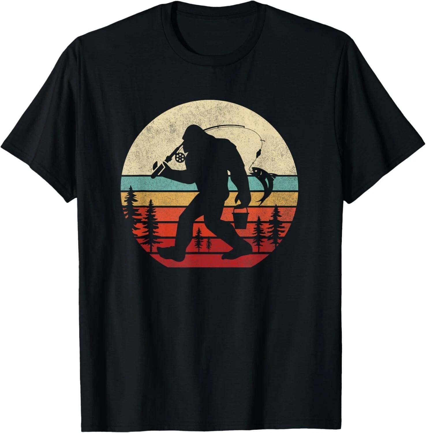 Bigfoot Fishing Shirt Funny Retro Sasquatch Dad Men Gift Unisex T-Shirt L