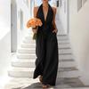 Sleeveless Wide Leg Jumpsuit for Women Casual Loose Fit Double Pocket Summer Romper with Tie Front and V Neck