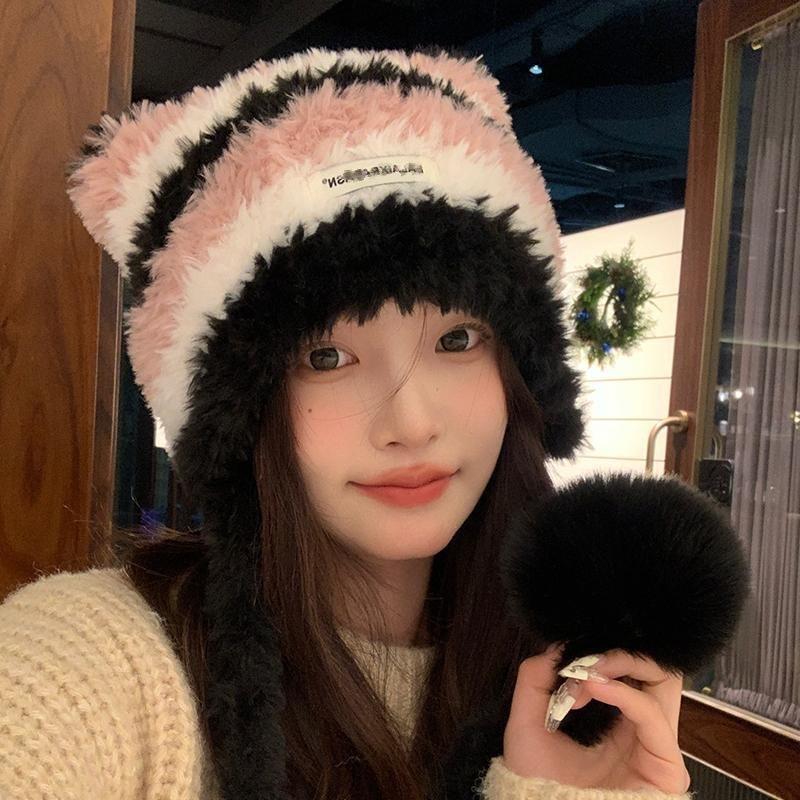 

Hat Female Cat Ears Striped Wool Hat Winter Hat Double Hairball Warm Hat Leather Label Plush Ear Protector Knitted Hat