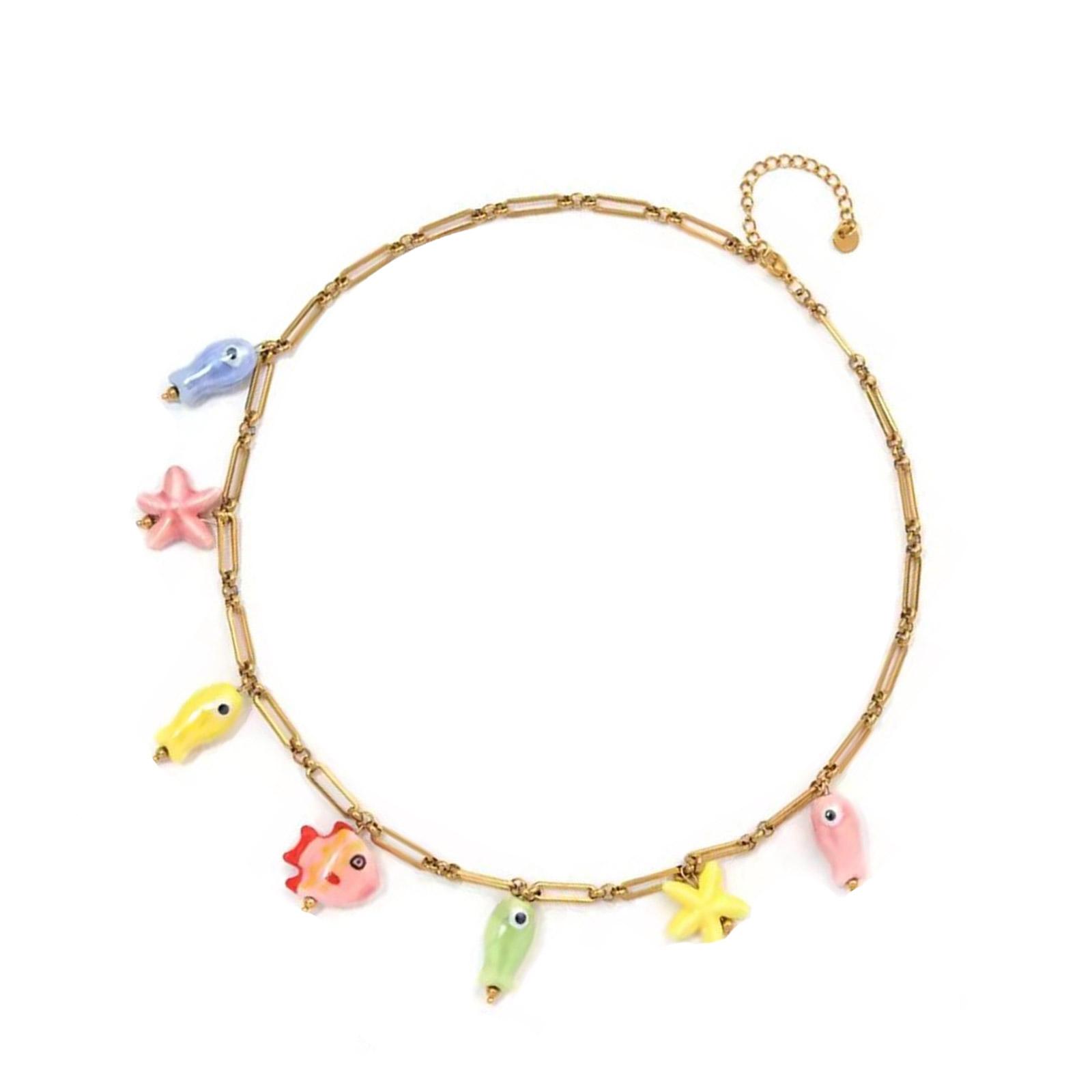 

Модное регулируемое ожерелье в океанической тематике из керамики и нержавеющей стали с подвеской в виде морской звезды и рыбы B