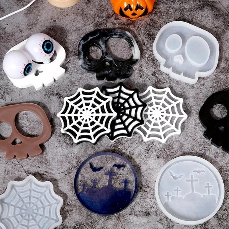 3pcs Silicone Molds For Epoxy Resin Coasters Skeleton Spider Web Cemetery Coaster Molds Easter Craft Home Halloween Decoration