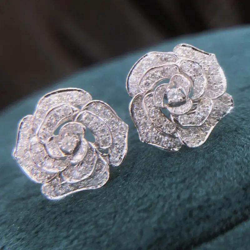 Rose Flower Shape Stud Earrings Micro Paved Zircon  Silver Plated Ear Jewelry For Women Temperament Bridal Engagement Banquet
