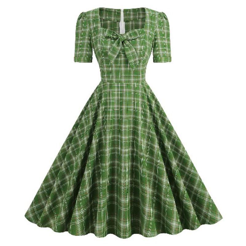 

Retro Short-Sleeved Dress with Plaid Bow Green 2XL