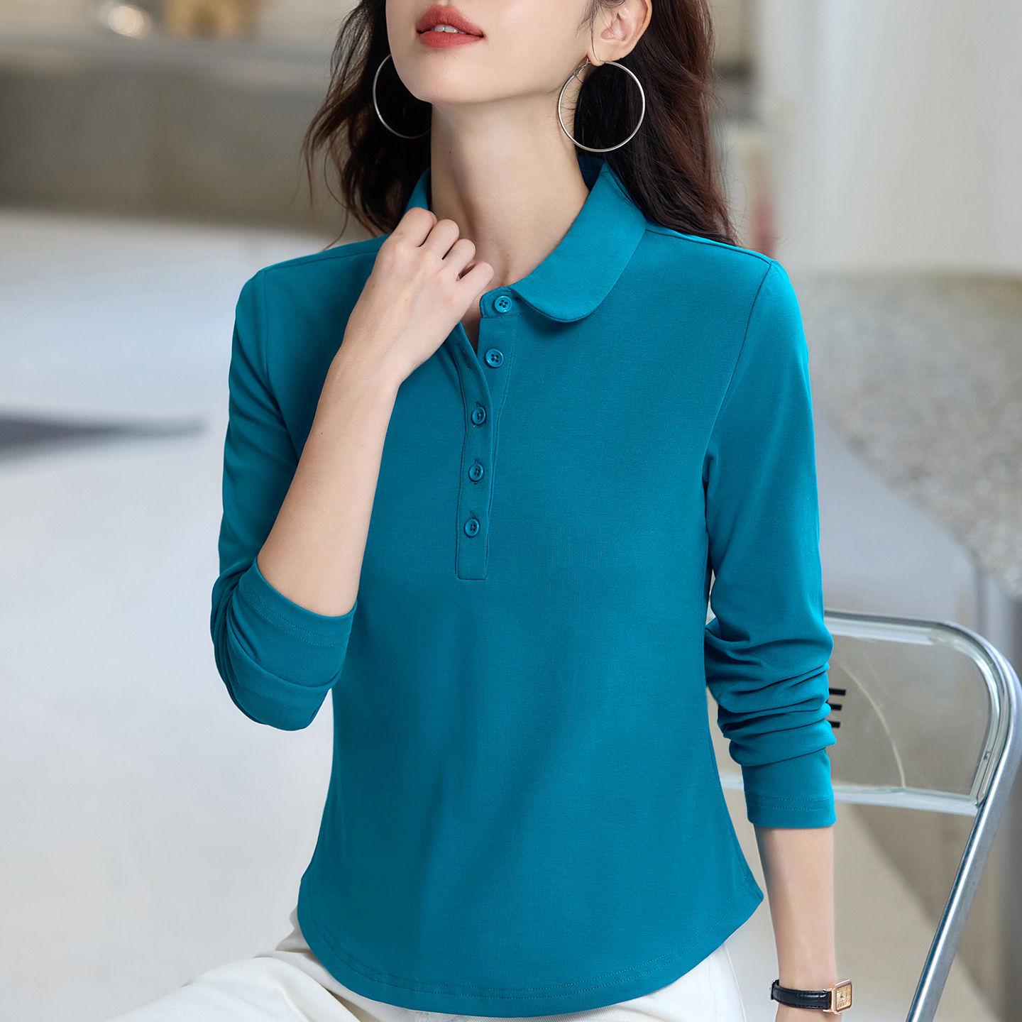 

Women s Slimming Cotton Long Sleeve Polo with Peter Pan Collar: Autumn & Spring Essential XL синій
