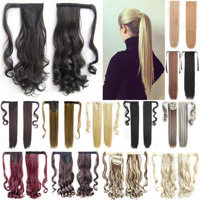 Perucas longas encaracoladas sintéticas clipe em cabelo falso rabo de cavalo extensão de cabelo reto com laço hairpin