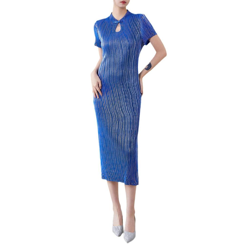 New Chinese Style Cheongsam Dress: Women's Pleated Summer A-Line, French-Inspired, Waist-Slimming Long Dress
