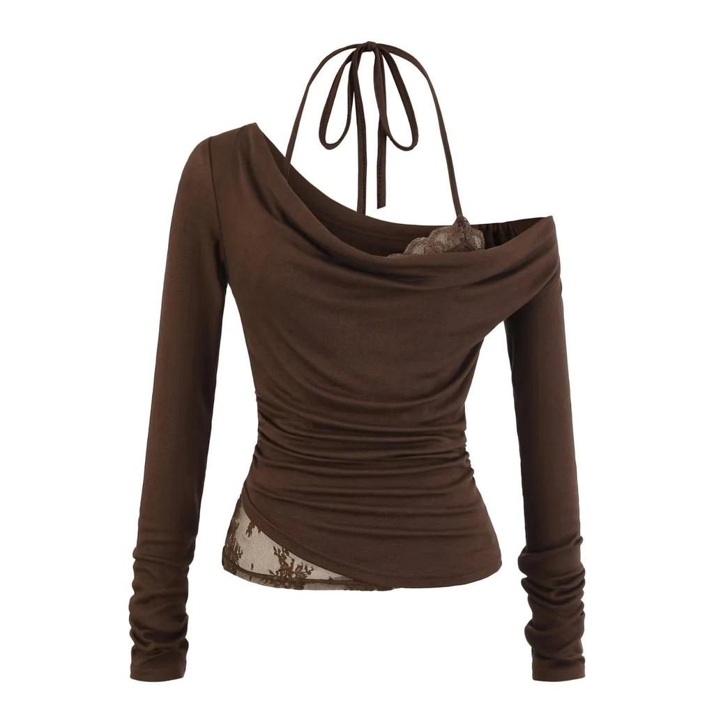 Autumn 2025 Women's Lace Trim Halter Neck Off-Shoulder Slim Long-Sleeve T-Shirt