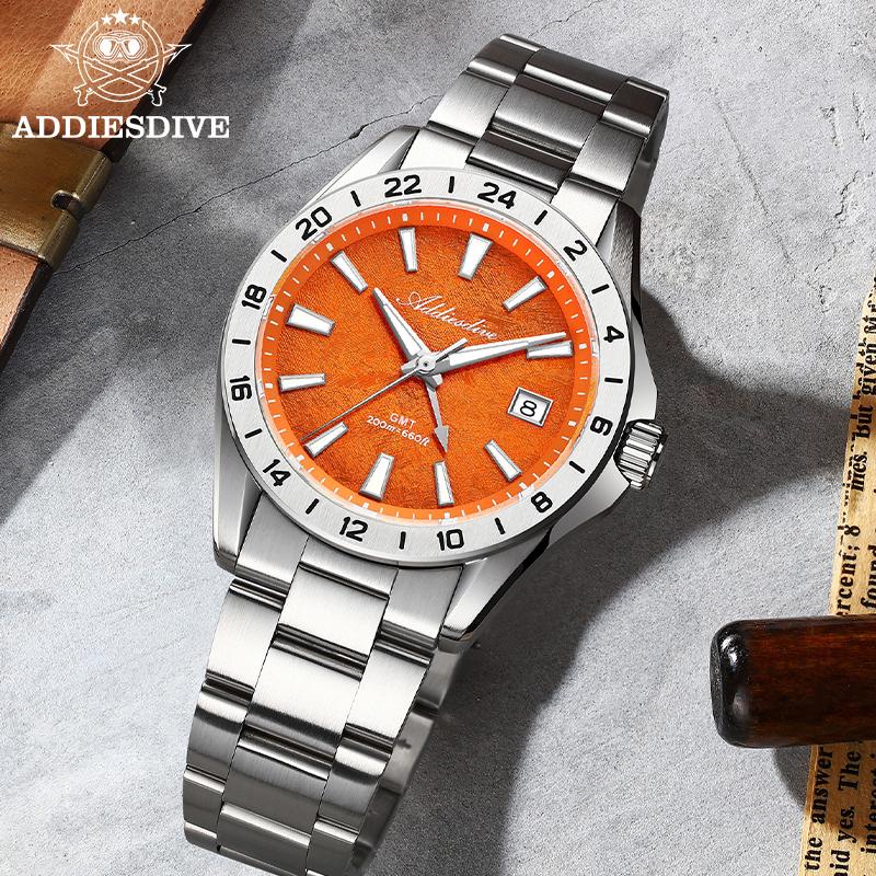 ADDIESDIVE Luxury GMT Quartz Watch Swiss Ronda 515-24H Dial 38mm Stainless Steel 200M Water Resistant Sapphire Glass Wristwatch