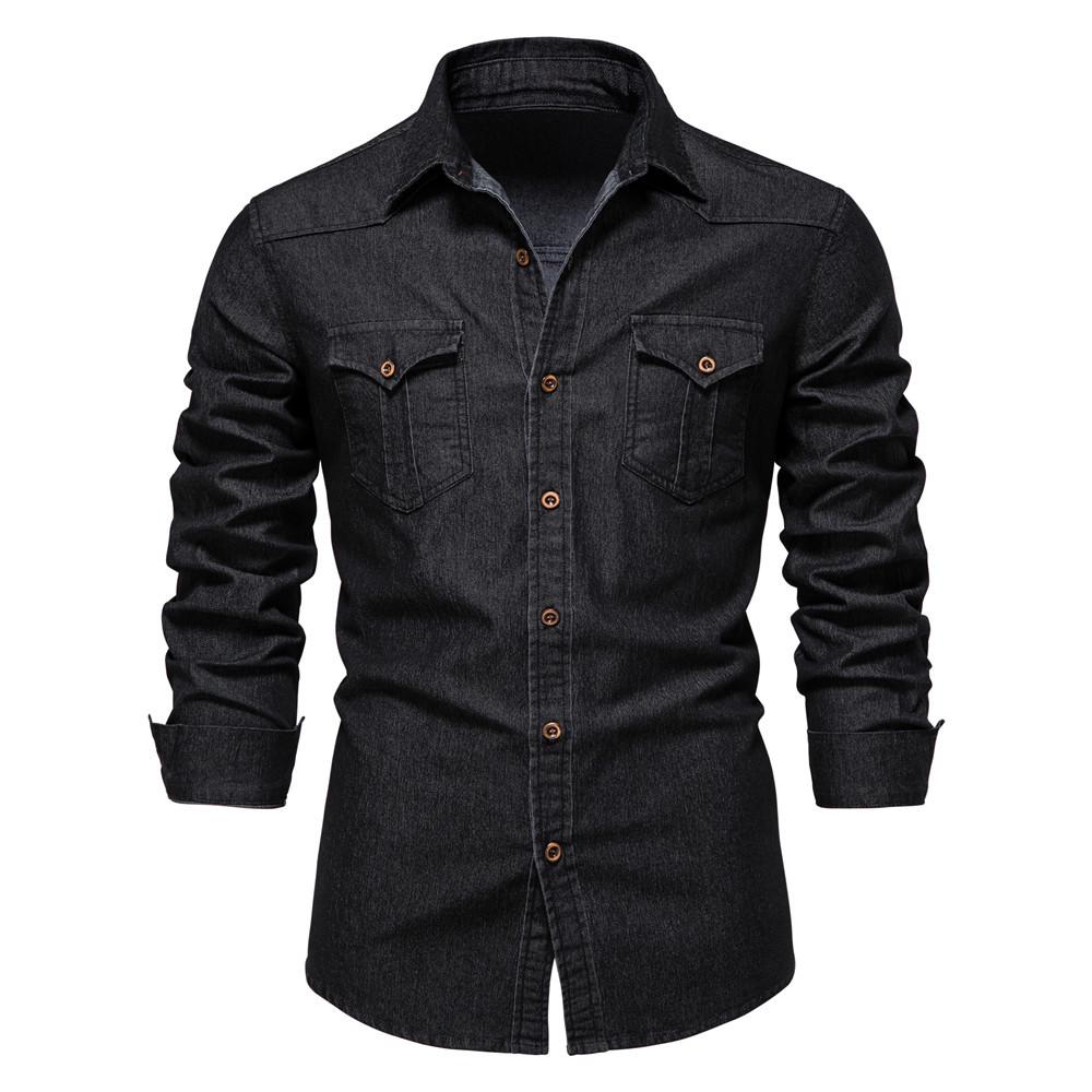 2026 Men's European Size Casual Solid Color Denim Long-Sleeve Shirt In Stock