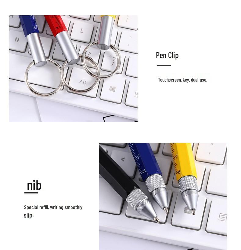 6-in-1 Multifunction Metal Ballpoint Pen with Touchscreen Stylus, Screwdriver, and Emergency Tool.