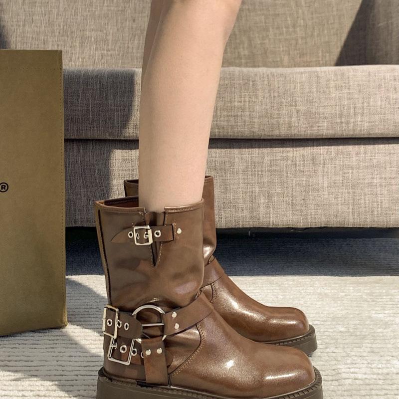 

Женские ботинки Мартин на массивном каблуке в британском стиле 2025 года - Ретро квадратный носок, слипоны, ботильоны и ковбойские сапоги для верховой езды 38 коричневый