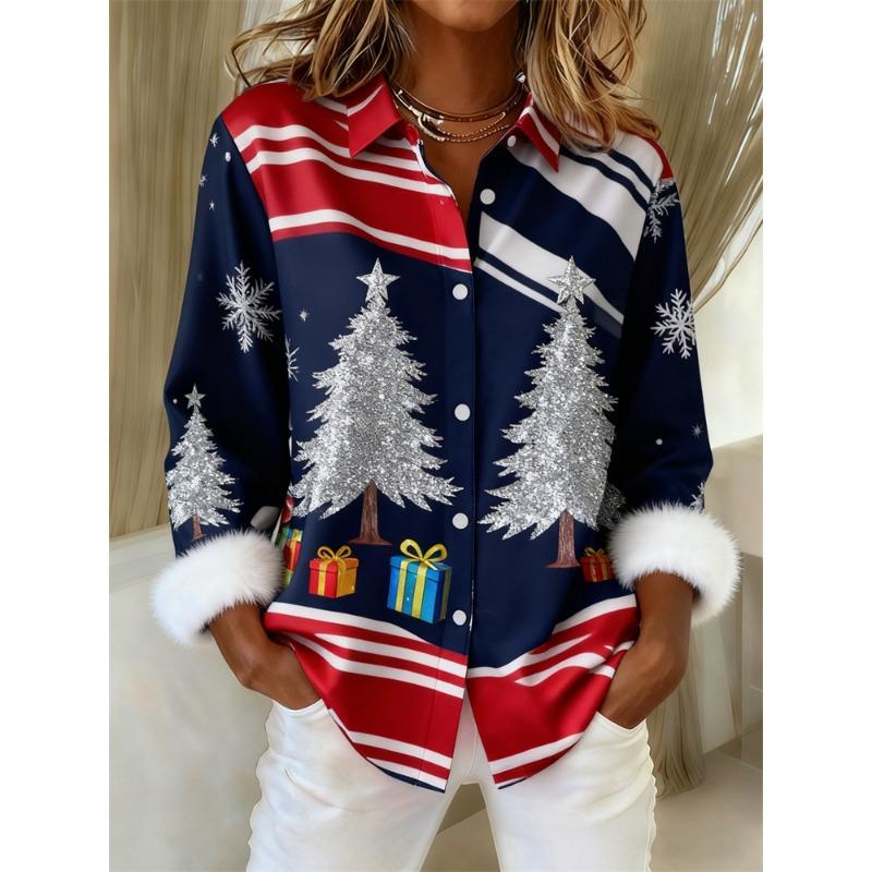 Christmas Style Women's Long-Sleeve Collared Breathable Shirt Relaxed Fit Plus Size Women's Christmas Party Top