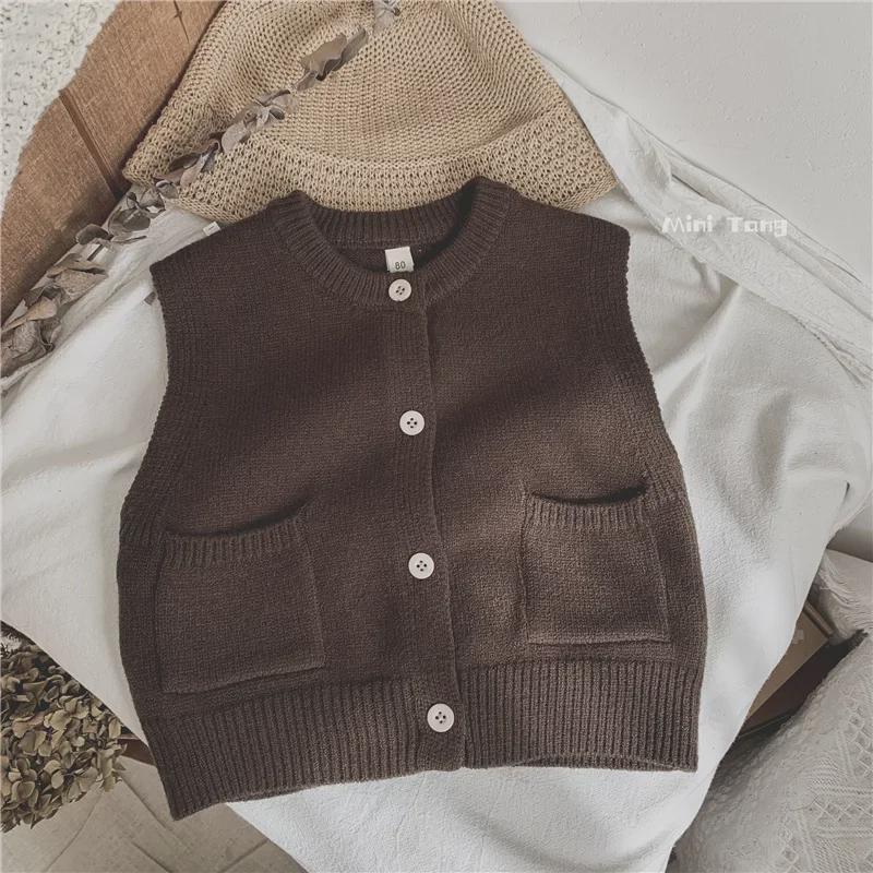 Forest Style Knitted Vest: Solid Color Cardigan for Boys and Girls - Trendy Spring & Autumn Children's Wear