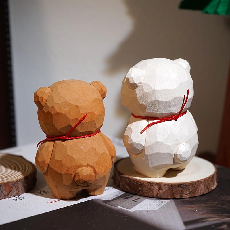 Hand Carved Wooden Bell Bear Miniature Cute Animal Figurine Office Desk Decor