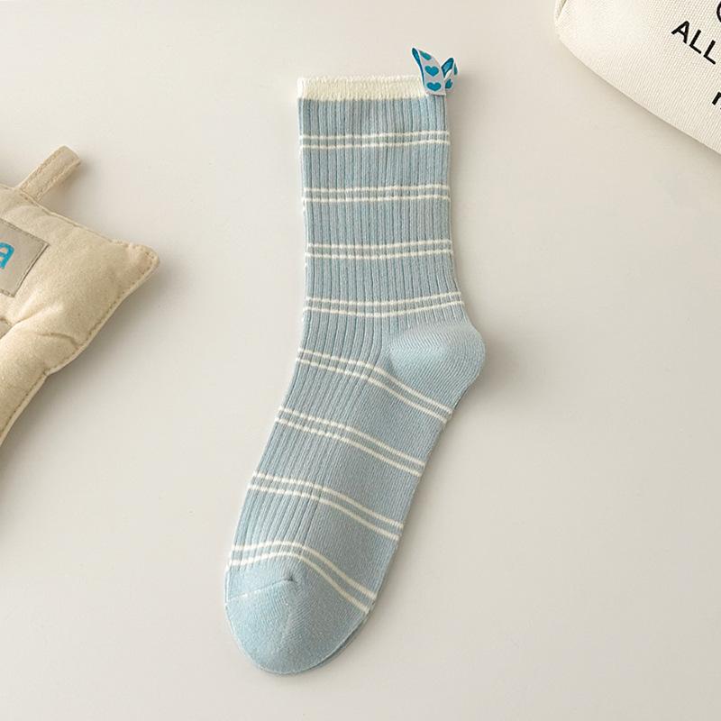 Spring And Autumn Cream Baby Blue Stripe Small Fresh Heel Love Cloth Label Double Needle Mid-Tube Socks Pile Socks For Women