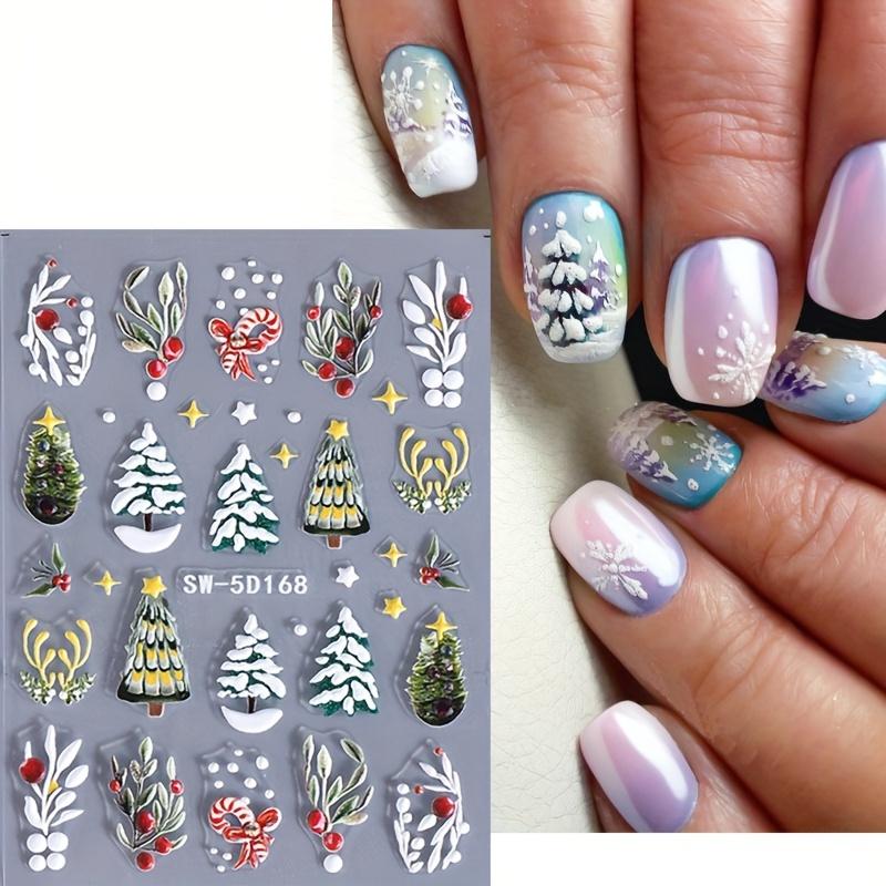 Weihnachts-Nagelkunst-Aufkleber Abziehbilder 1 Blatt, Winter Weihnachtsbaum Blätter Muster Geprägte Selbstklebende Nagelaufkleber, DIY Nagelkunst Dekoration